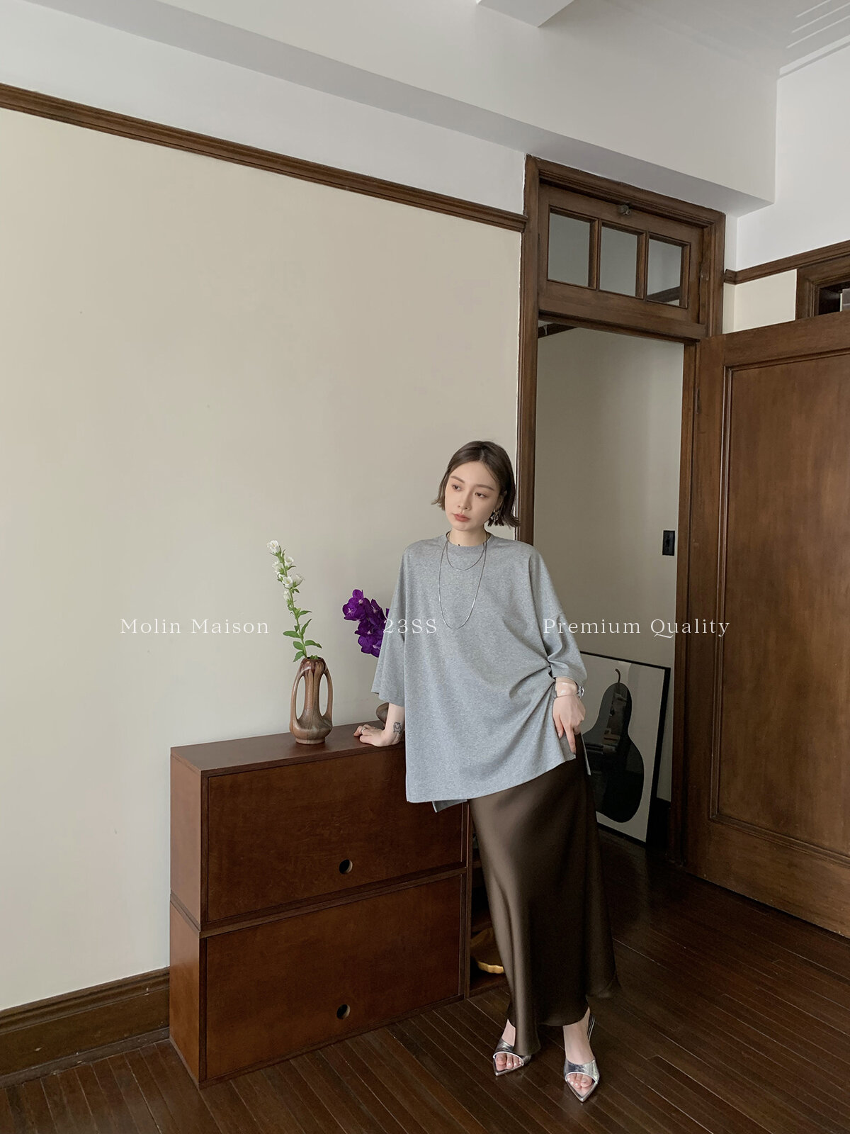 Molin ROW Batwing Sleeve T-Shirt Women's Loose Side Slit Oversize Summer Short Sleeve Cotton Polyester Blend round Neck Top