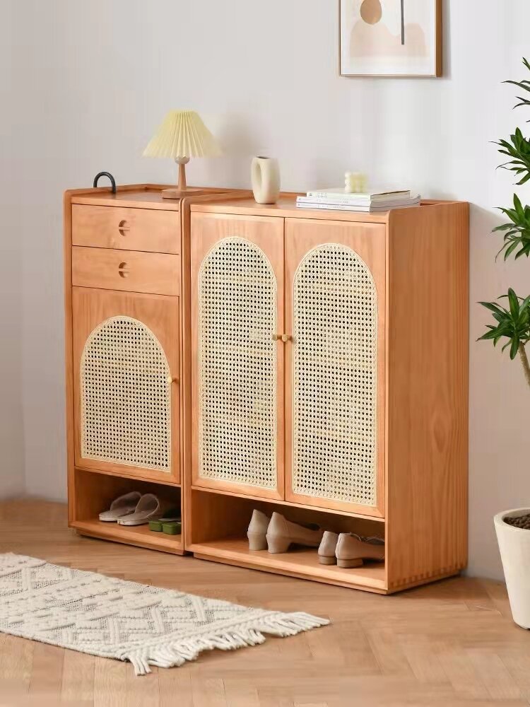 Japanese-Style Solid Wood Shoe Cabinet Home Door Large Capacity Locker Modern Simple Small Apartment Rattan Breathable Shoe Rack