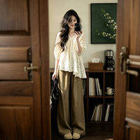 XUECAIQI | Summer Korean Style Lace Cut-out Two-piece Set Shirt and Wide Leg Pants