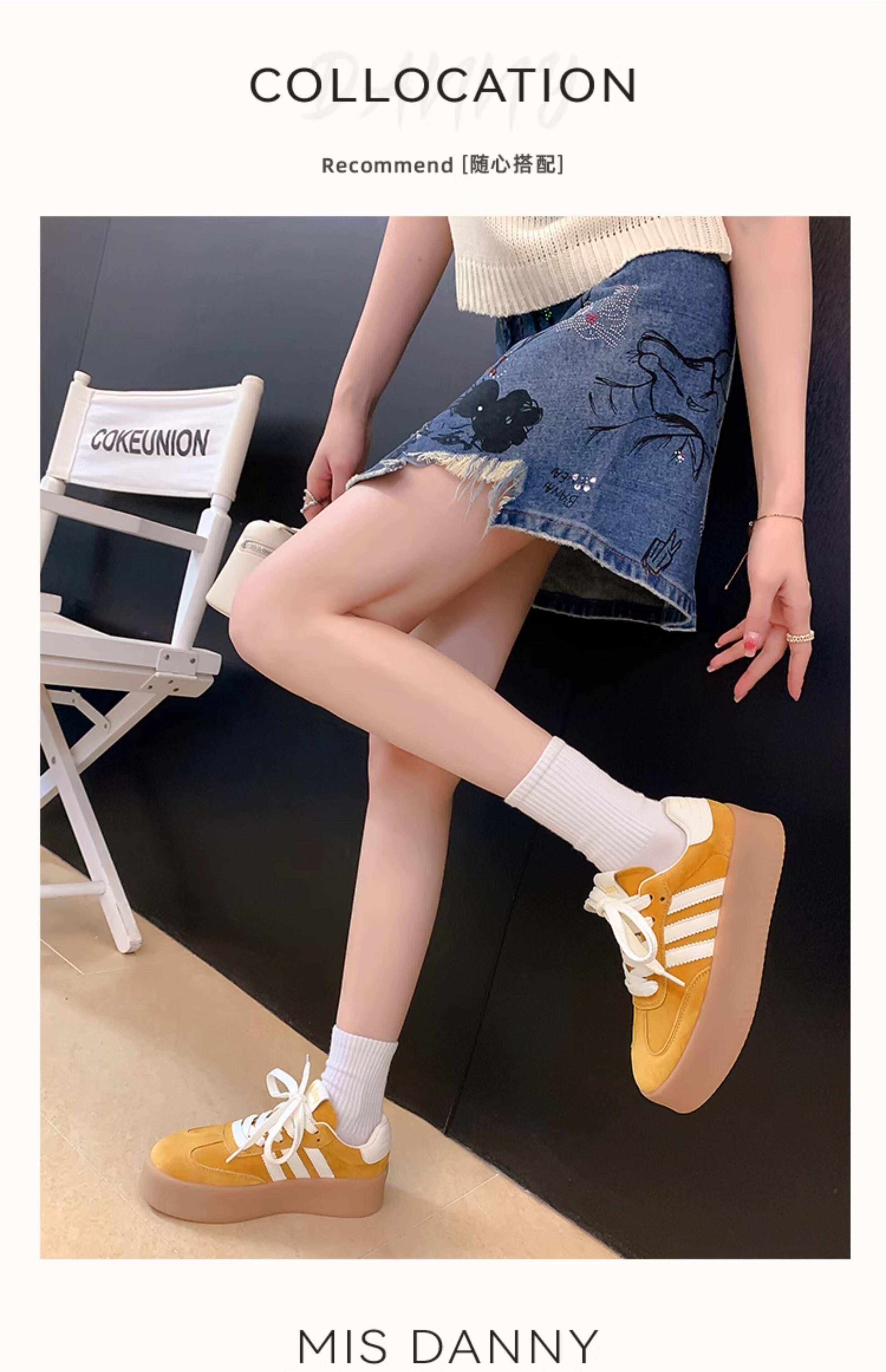 Yellow Genuine Leather Thick Bottom Deqin Shoes Women's Spring Style Casual All-Match Flat Heel Comfortable Sports Sneakers · v7