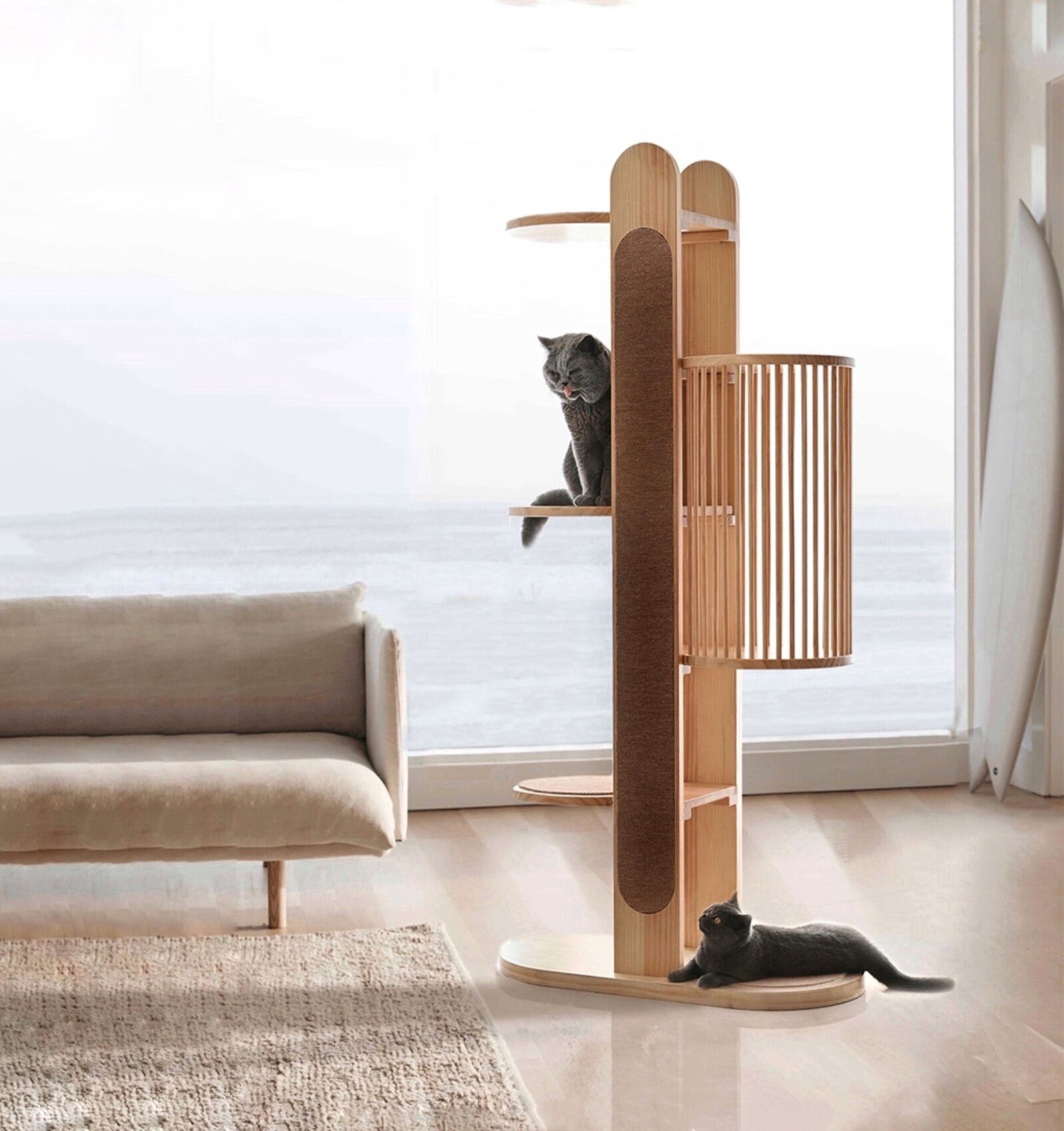 (SG Ready Stock) Large Scratch Mat Cat Condo Solid Wood Tower Cat Tree