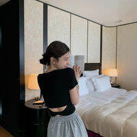 CHOEFULYN | Sexy Black T-shirt with Waist Exposure and Back Hollow Design Short Length