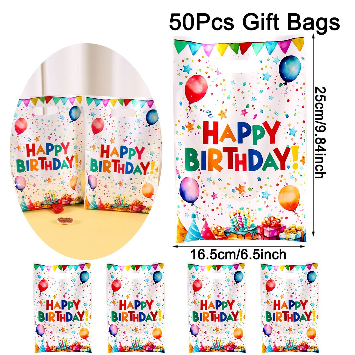10/20/50pcs Happy Birthday Colorful Balloon Pattern Gift Packaging Bag Candy Cookie Tote Bags for 1st Birthday Party Supplies