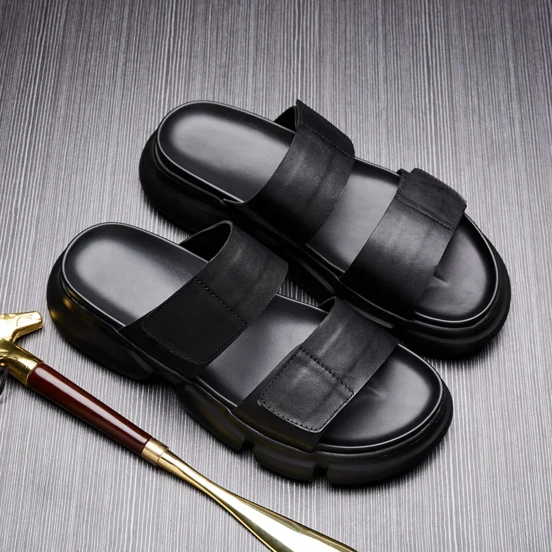 Men's Leather Slippers 2021 Summer New Platform Slippers Men's Trendy Beach Shoes Outdoor Wear Velcro Sandals