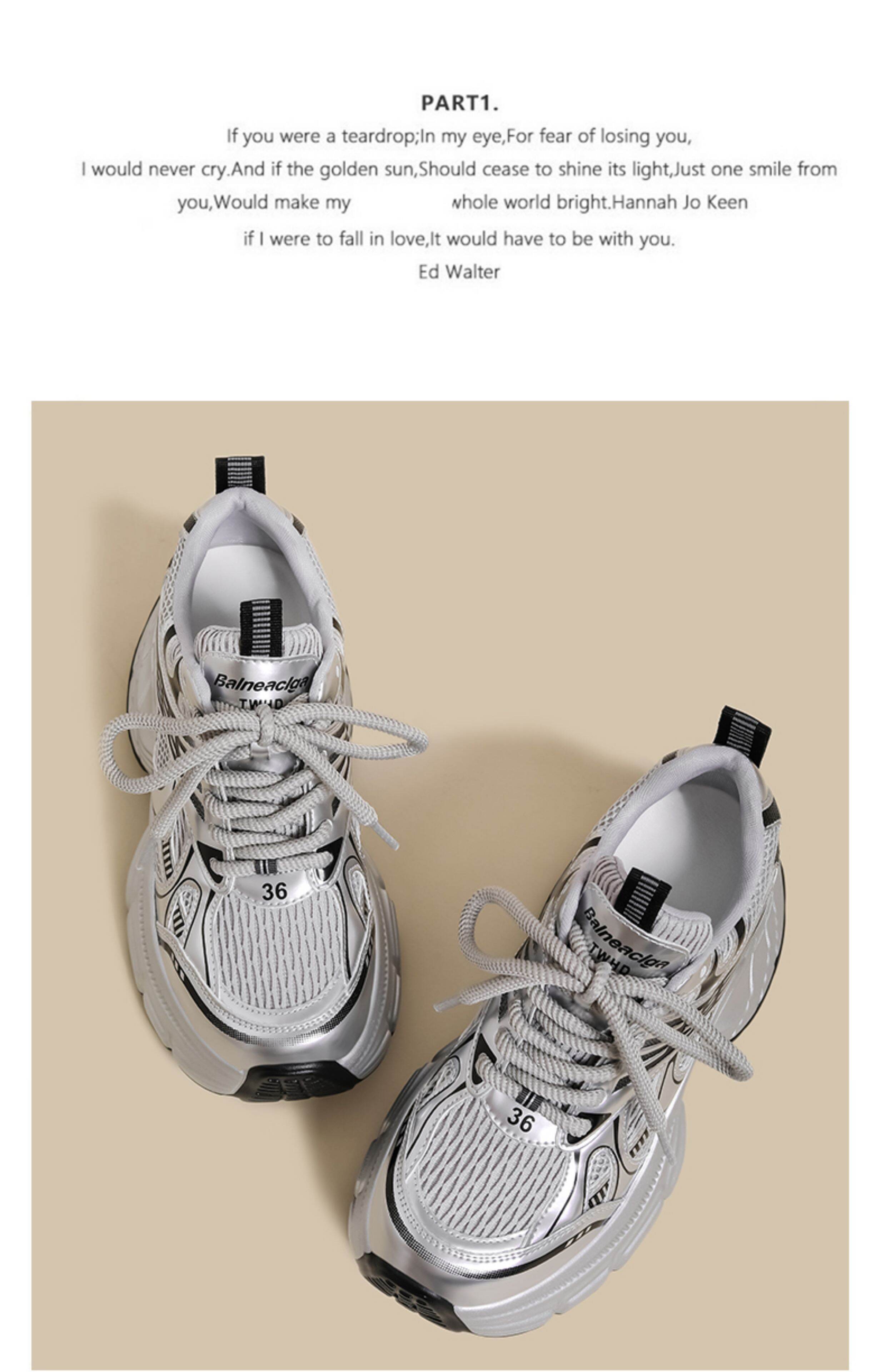 Women's Sport Shoes Casual Thick Bottom Net Surface Heightening Silver Color Spring New Style Fashionable round Head Rubber Outsole · v27