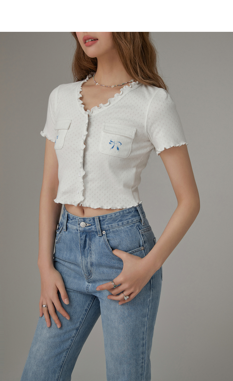 Chuu Butterfly Knot Embroidery Short Sleeve T-Shirt Women's New Summer Spicy Hollow out Ear Short Top Korean Style Cotton V-neck