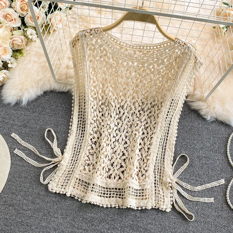 2021 Summer New Style Korean-style Loose Hollow out Crew Neck Sweater Pullover Blouse Short Sleeve Versatile Tops for Women