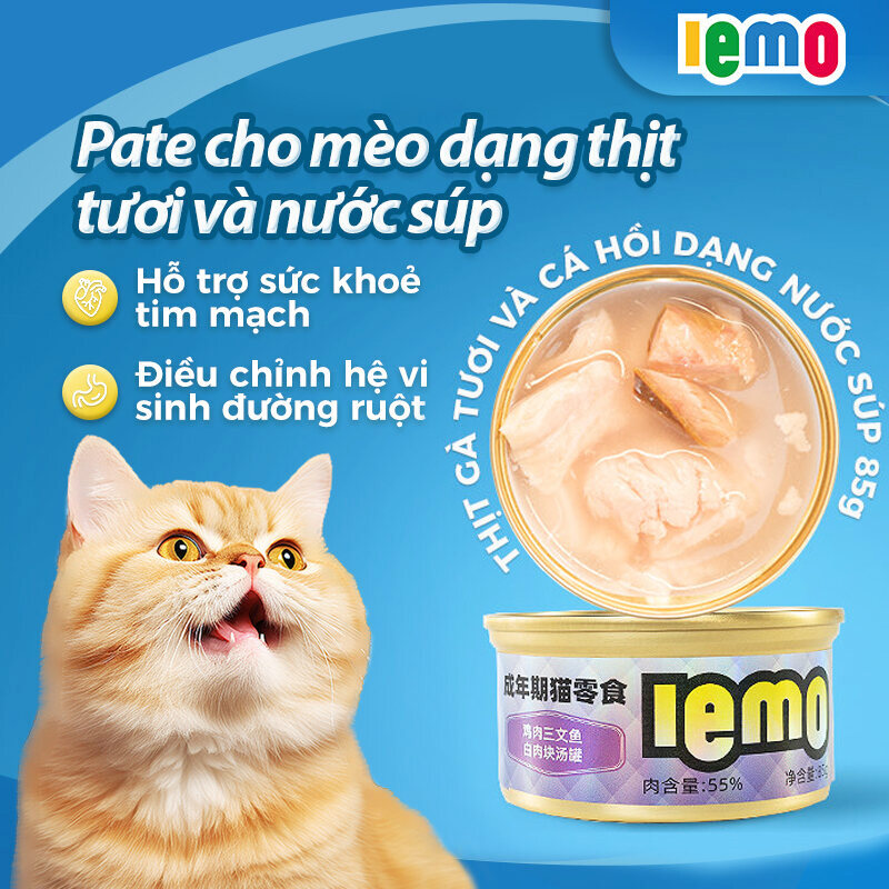 Pate cho mèo lemo đóng hộp (Gà + Cá hồi miếng)