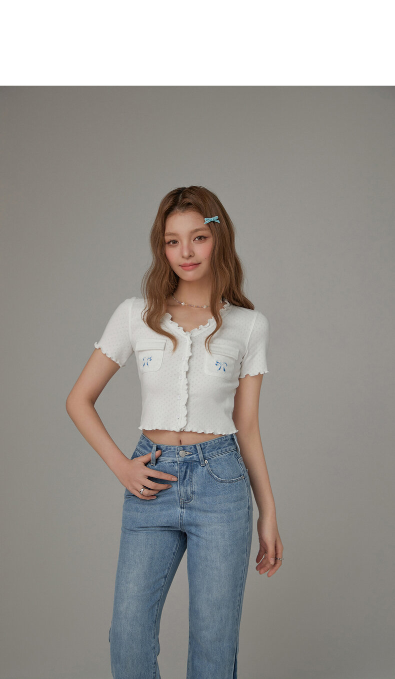 Chuu Butterfly Knot Embroidery Short Sleeve T-Shirt Women's New Summer Spicy Hollow out Ear Short Top Korean Style Cotton V-neck