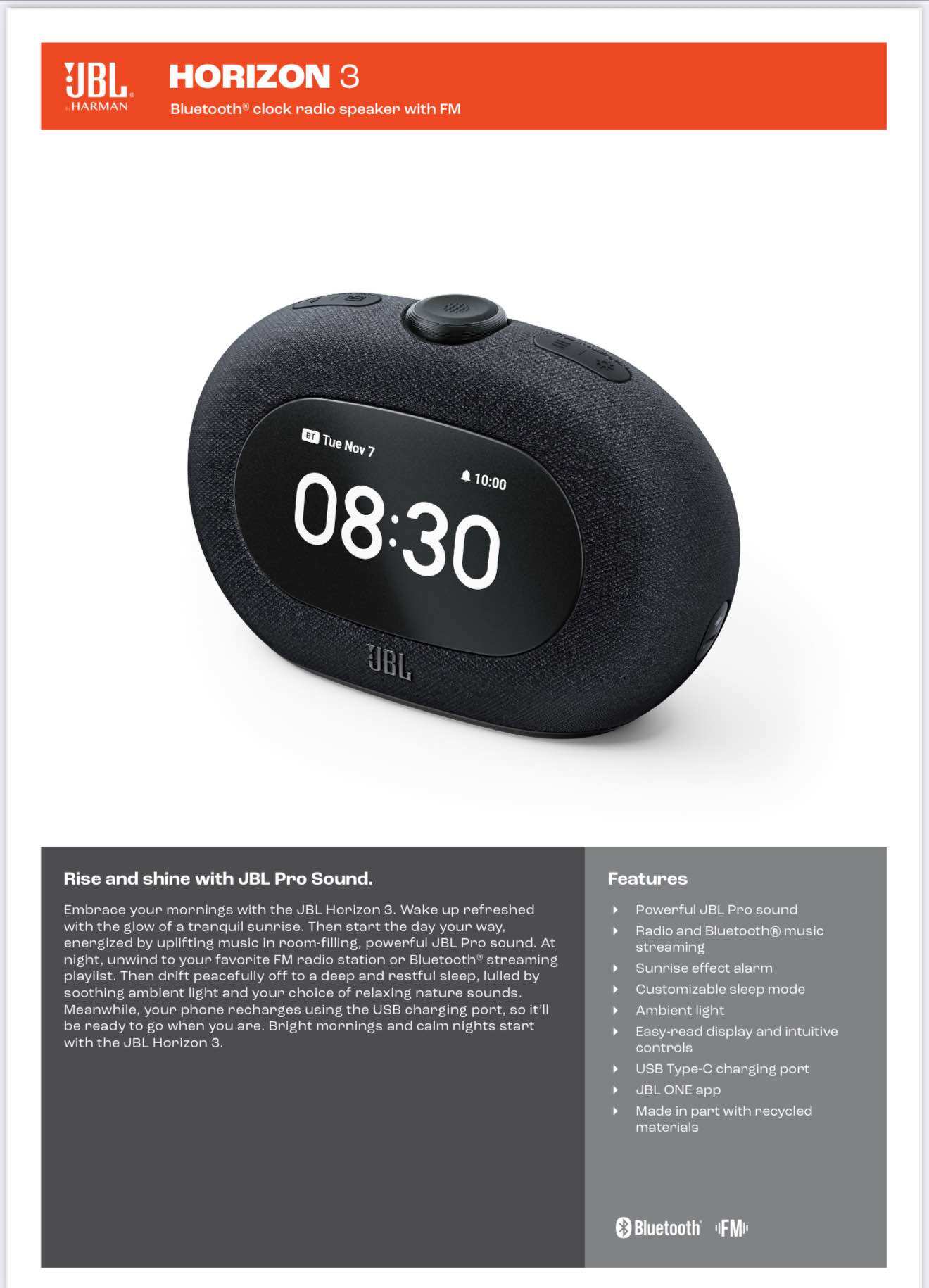 Jbl Horizon 3 Bluetooth Clock Radio Speaker With Powerful Jbl Pro