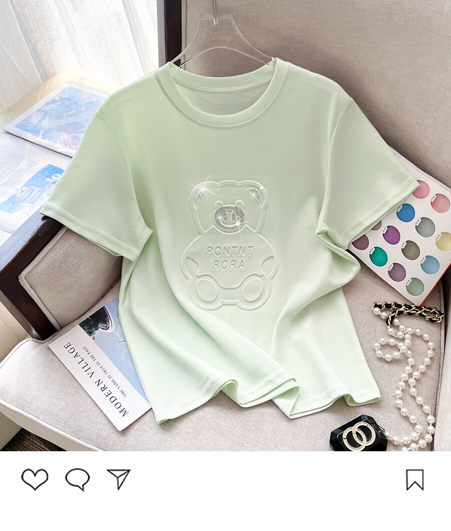 Summer New Pure Cotton Short Sleeve T-Shirt Women's Cartoon 3D Bear Heavy-duty Rhinestone Loose Half Sleeve Simple Trendy