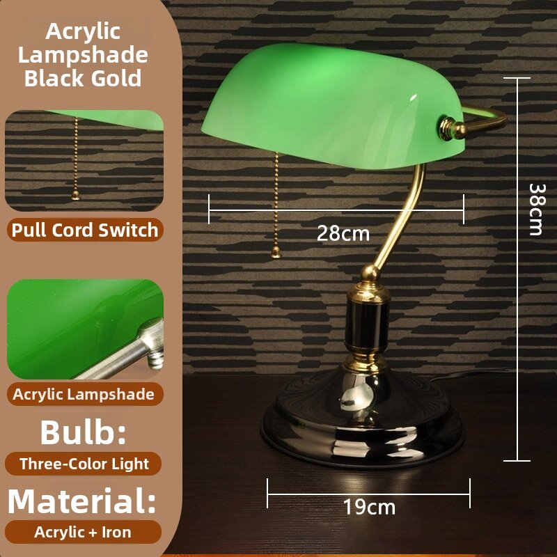 Retro American Style Bank Desk Lamp Green Shade Old Shanghai Style Vintage Lighting Iron Body for Study Office Bedroom Decor