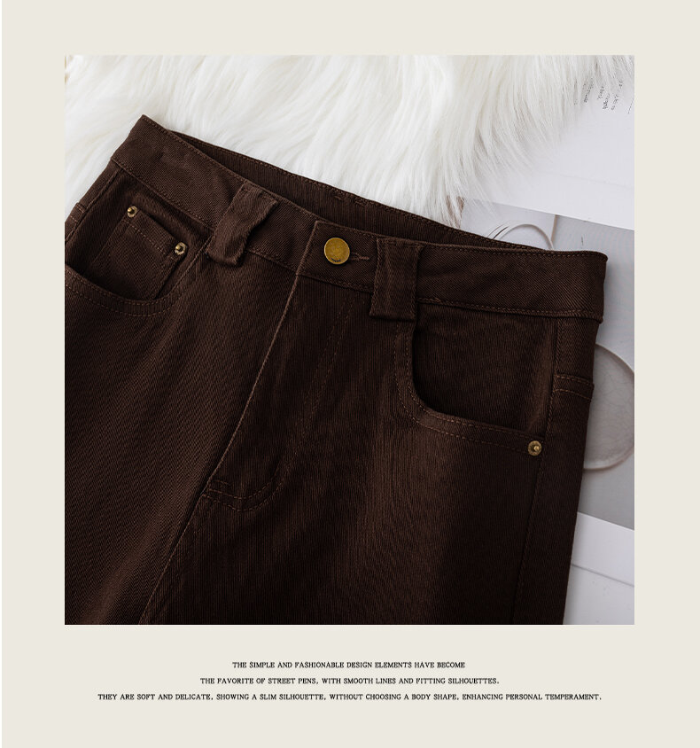 High-End Ankela Red Fancy Pure Cotton Wide Leg Denim Women's Trousers Fall and Winter Fleece-lined High Waist Slimming Straight Pants