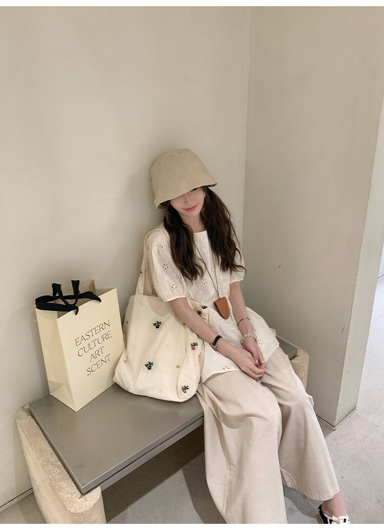 FF BLUE Summer Sunlight Cotton Embroidered Shirt Loose Short Sleeve Women's Casual Style round Neck Casual Fit Short Sleeve Top