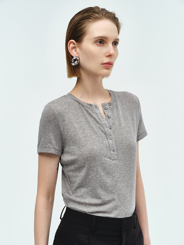 RoseLingLing Ultra-Fine Australian Silk Wool Blend Slimming Knit T-Shirt with Henley Collar for Women Casual Summer Style