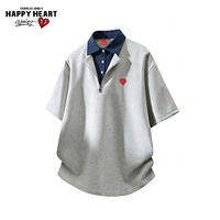 CHARLES JANGS HAPPY HEART | American Style Fake Two-Piece Collar Short Sleeve Polo for Men Summer Colorblock Design