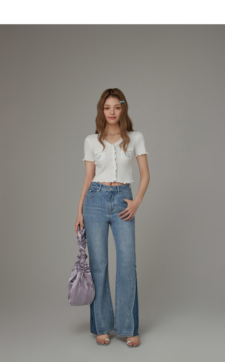 Chuu Butterfly Knot Embroidery Short Sleeve T-Shirt Women's New Summer Spicy Hollow out Ear Short Top Korean Style Cotton V-neck