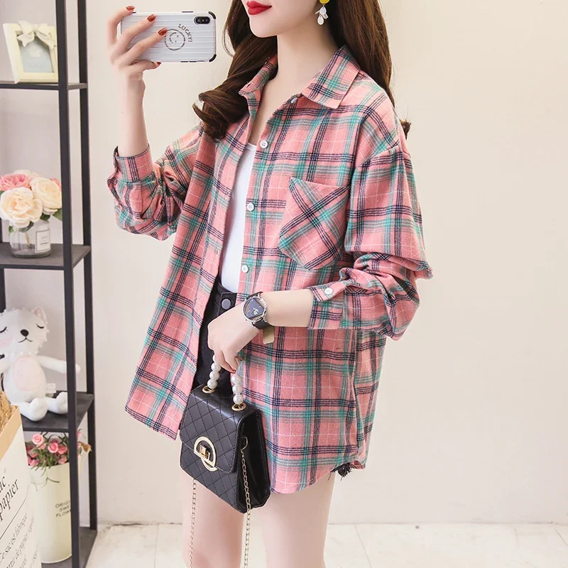 Plaid Shirt for Women 2021 Spring and Autumn New Korean Style Loose Long Sleeve Brushed Retro Hong Kong Style Early Autumn Jacket