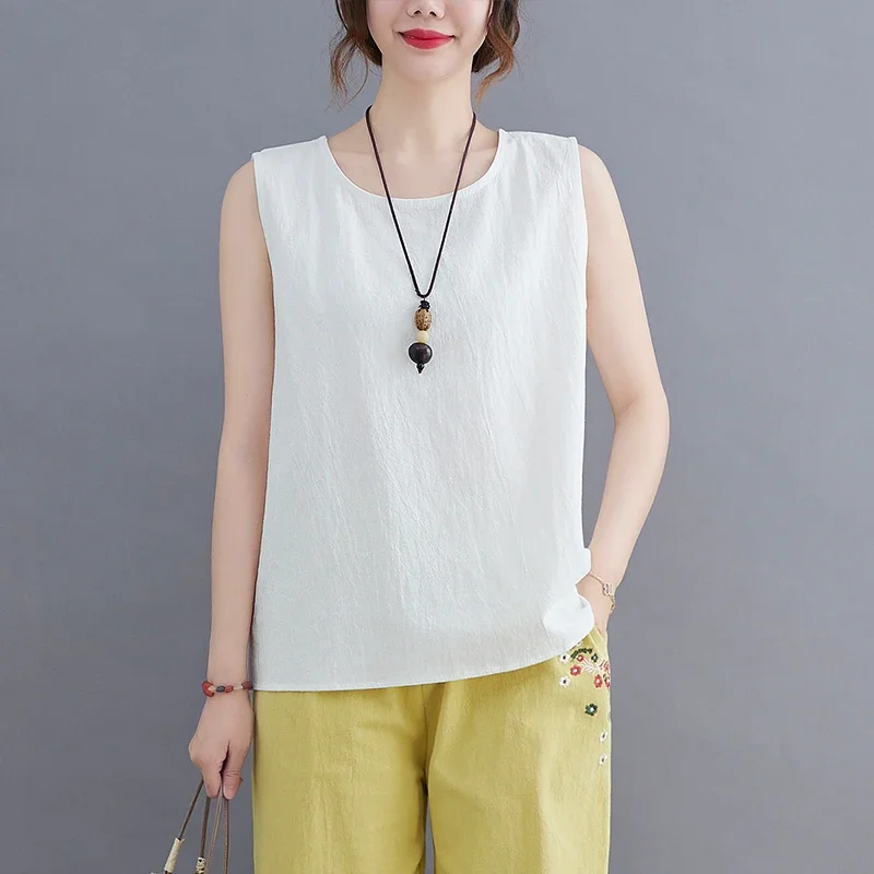 Cotton Linen Vest Women's Summer Loose Slimming Solid Versatile Outer Wear Camisole Casual Base Shirt Sleeveless Shirt