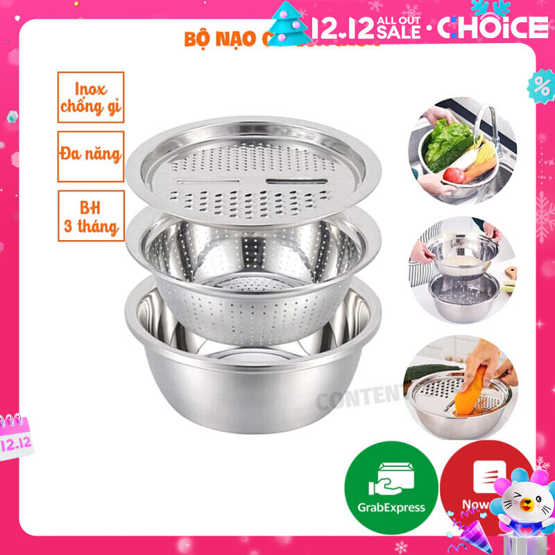 (M) [Loại Dày] Bộ Dụng Cụ Bào Rau Củ Đa Năng 3 Món 28CM- Thau + Rổ + Mặt Bào - Rổ Bào Rau Củ Qủa Inox304 Loại I Dày 28CM.Thiết Kế Vừa Tay Cầm Người Sử Dụng, Tạo Cảm Giác Thoải Mái Khi Dùng.