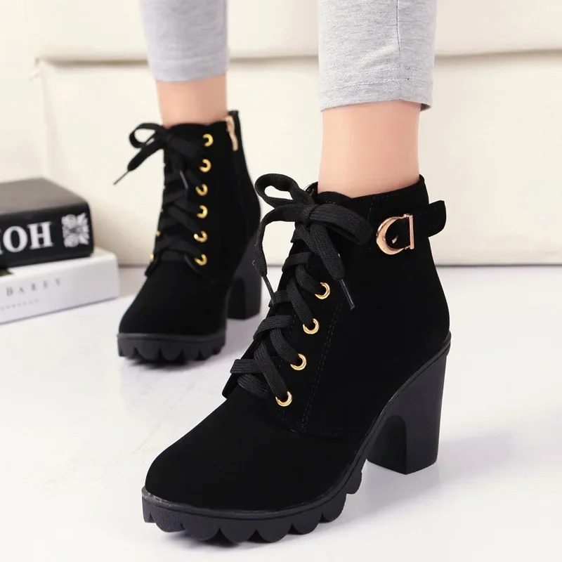 2020 Spring and Autumn New British High-heeled Martin Boots Thick Heel Short Boots Waterproof Platform Round Head Lace-up Short Tube Unlined Boots