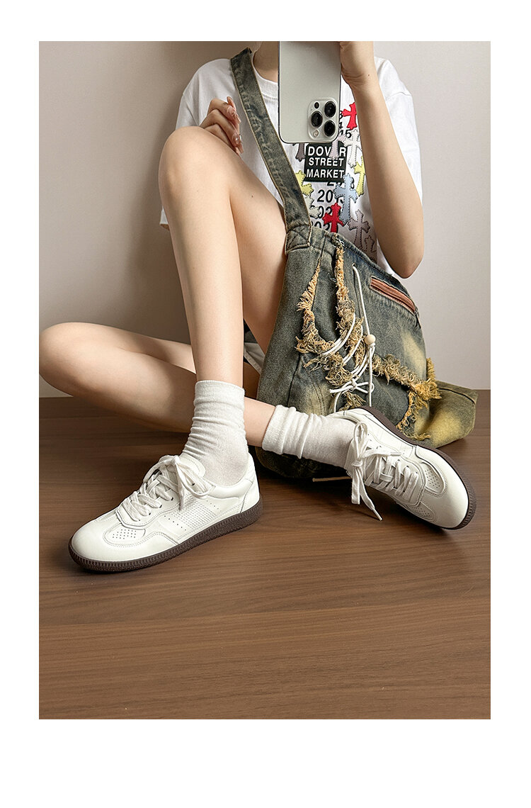 Classic Genuine Leather Flat Bottom Sports Shoes Women's Casual Fashion Sneakers Easy to Wear Cross Buckle round Toe Rubber Sole · v8