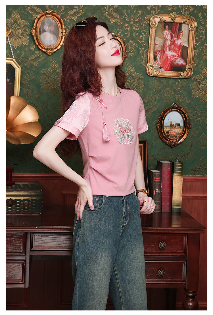 New Summer Chinese Style Women's Loose Fit Short Sleeve T-Shirt Embroidered Slimming Top Trendy round Neck Cotton Casual Wear · v3