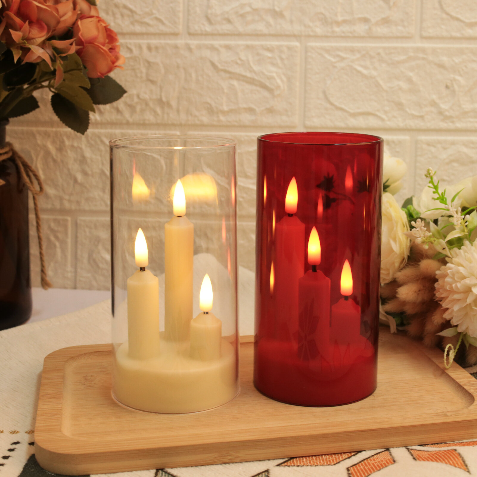 Clear Acrylic 3 Wick Flickering Flameless LED Candles Battery Operated Realistic Pillar Candles for Home Weddings Parties Decor