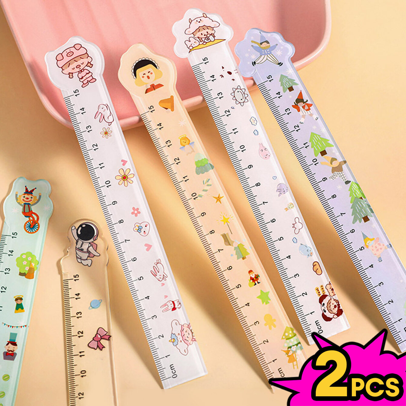 2pcs/bag Cute irregular ruler school stationery prize drawing measurement tool creative cartoon 15cm plastic ruler, school student supplies