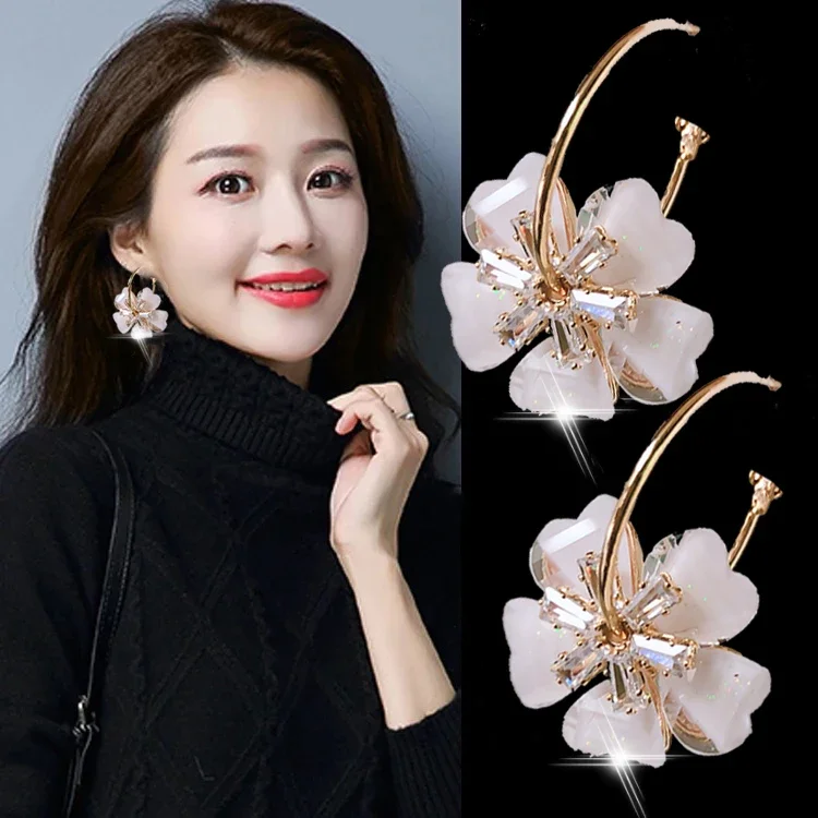 Big Ear Ring Flower Crystal Earrings 2020 New Trendy Korean Graceful Online Influencer Earrings High Sense Special-Interest Earrings