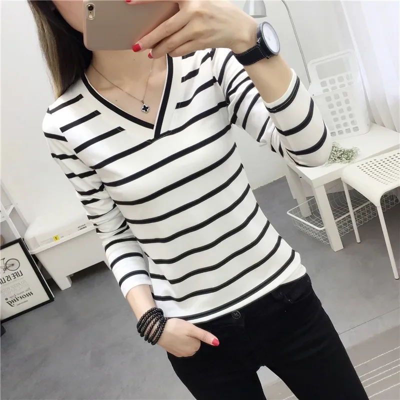 Korean Style New Preppy Style Striped T-shirt Women's Autumn Versatile Long Sleeve Loose V-neck Bottoming Shirt Top Student Fashion T