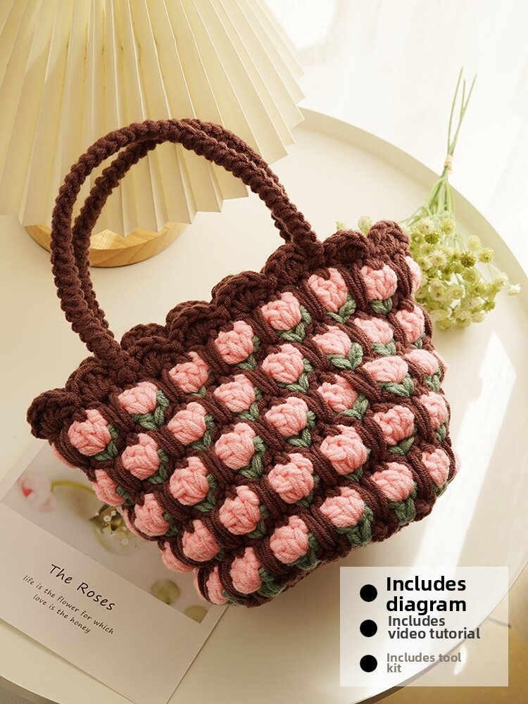 Handcrafted Tulip Crochet Bag Materials Kit Cute Yarn Crossbody Bag for Girlfriend Casual Simple Style Bucket Shape Cotton Lining