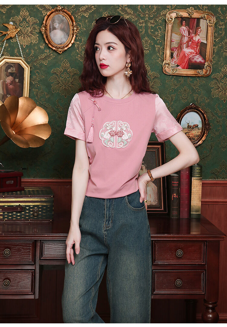 New Summer Chinese Style Women's Loose Fit Short Sleeve T-Shirt Embroidered Slimming Top Trendy round Neck Cotton Casual Wear · v3