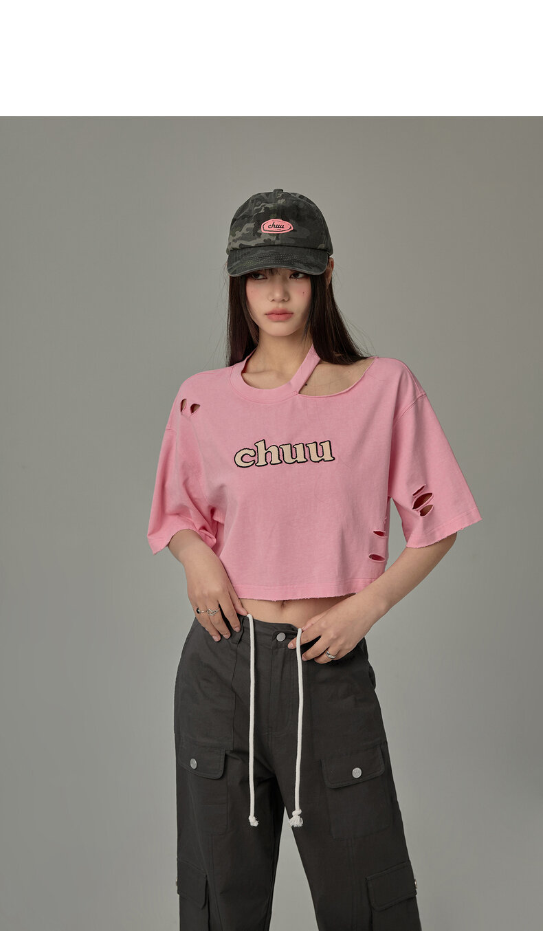Chuu Letter Patch Embroidery Hole T-Shirt Women's Summer New Basic School Hollow out Shoulder Loose Top Asymmetrical Korean Style Cotton Polyester · v2