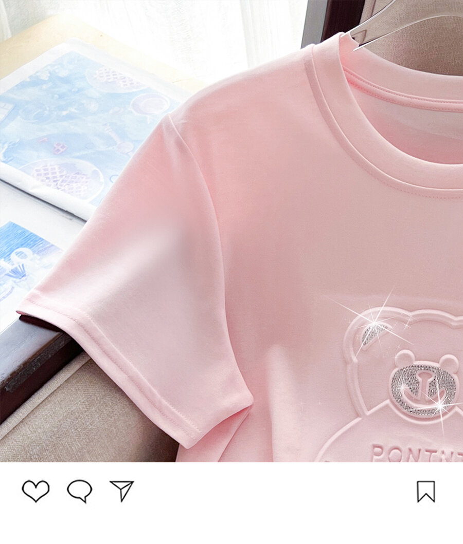 Summer New Pure Cotton Short Sleeve T-Shirt Women's Cartoon 3D Bear Heavy-duty Rhinestone Loose Half Sleeve Simple Trendy