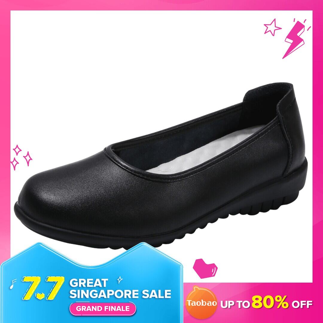 Authentic Leather Work Shoes Female Black Flat Shoes for Air Hostesses ...