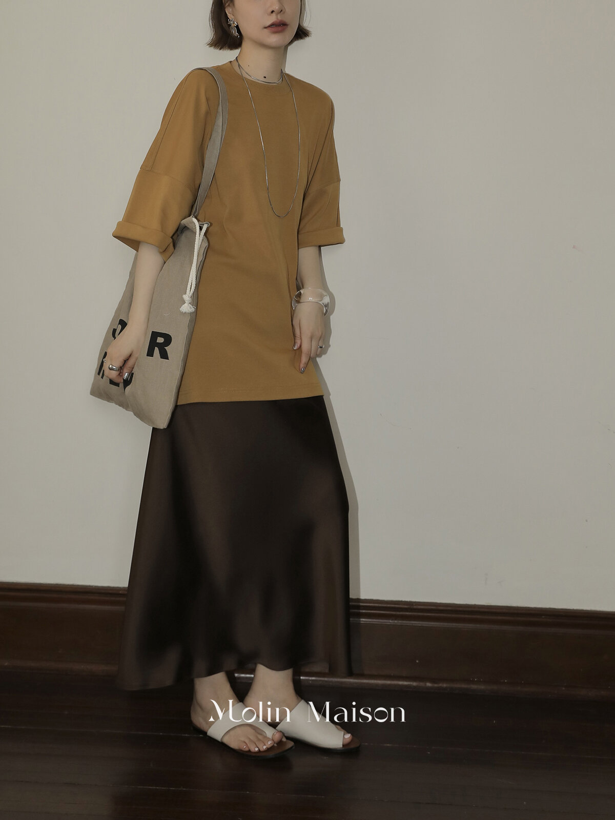Molin ROW Batwing Sleeve T-Shirt Women's Loose Side Slit Oversize Summer Short Sleeve Cotton Polyester Blend round Neck Top