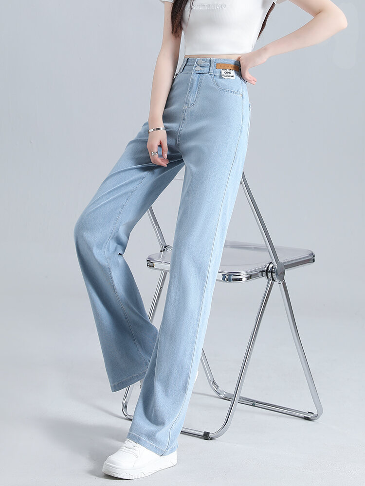 Summer Thin Casual Fashion High Waist Straight Leg Light Blue Ice Silk Women's Jeans West GL Wide Leg Pants Lenzing Lyocell. 