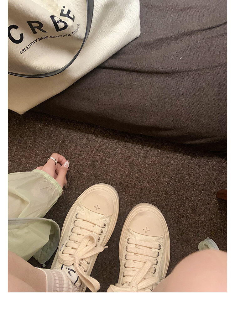 Women's Low Top round Toe Laced Canvas Shoes Thick Bottom Cross Pattern White Sneakers Worn in Dirty Looking Shoes · v11