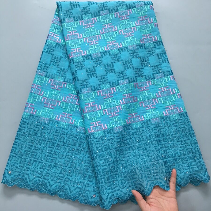 African Swiss Voile Lace Fabric Embroidered Cotton with Stones & Geometric Patterns 5Yard For Bridal Gowns & Afrocentric Fashion