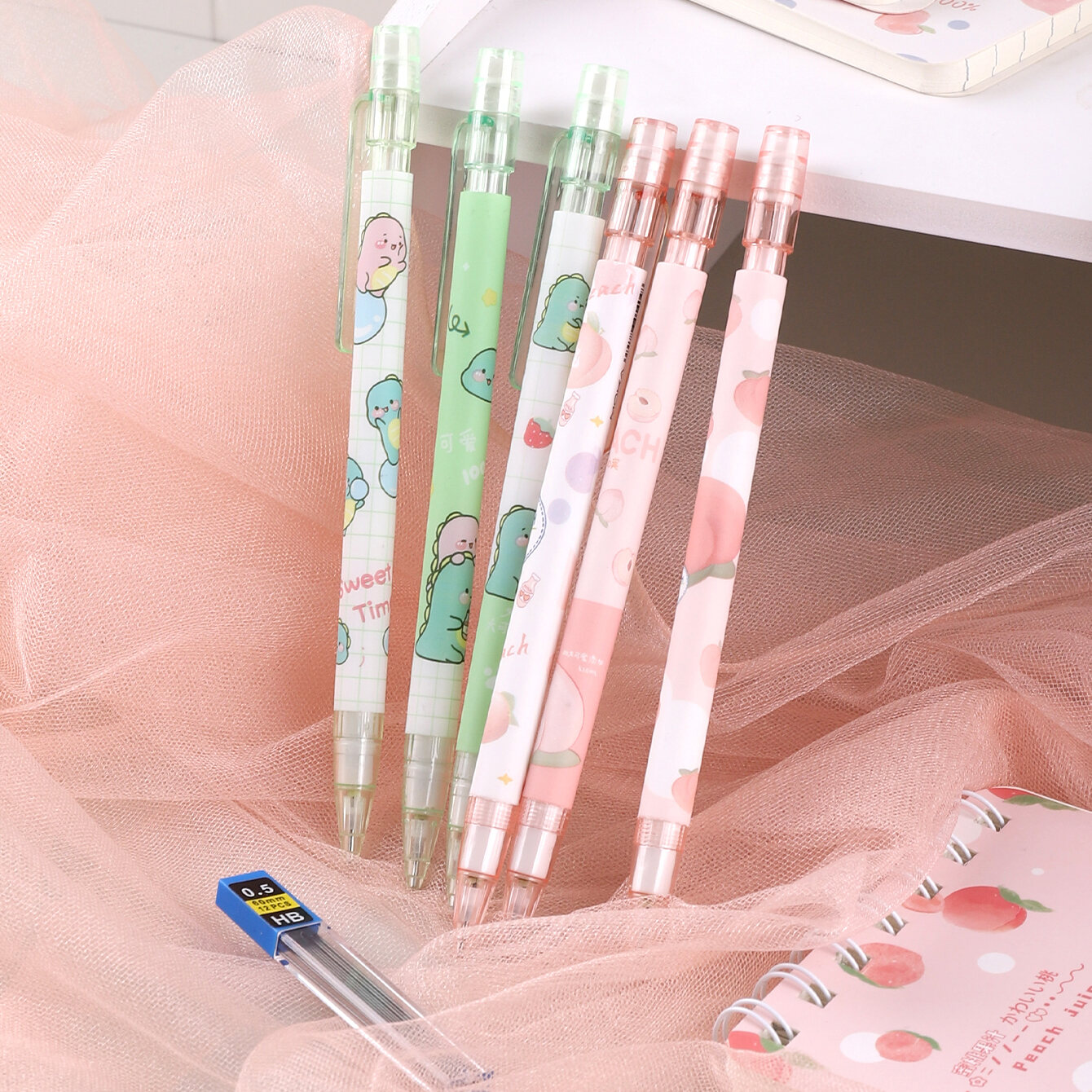 1pc pencil+1box refill Automatic Pencil Honey Peach Cartoon High Beauty Activity Pencil Students Cute and Creative Press Pen