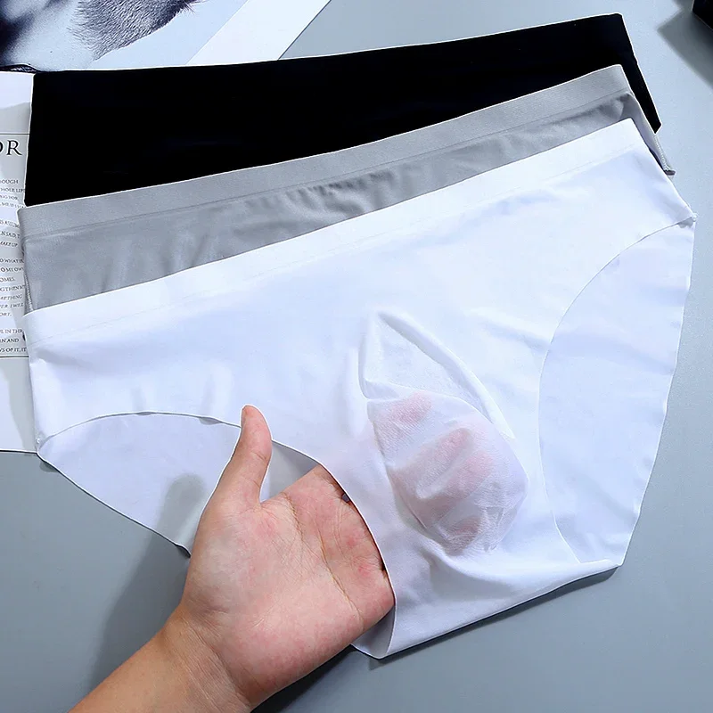 Ultra-Thin Underwear Men's Ice Silk Transparent 3D Seamless Briefs Mid-Low Waist One-Piece Sexy Summer Breathable