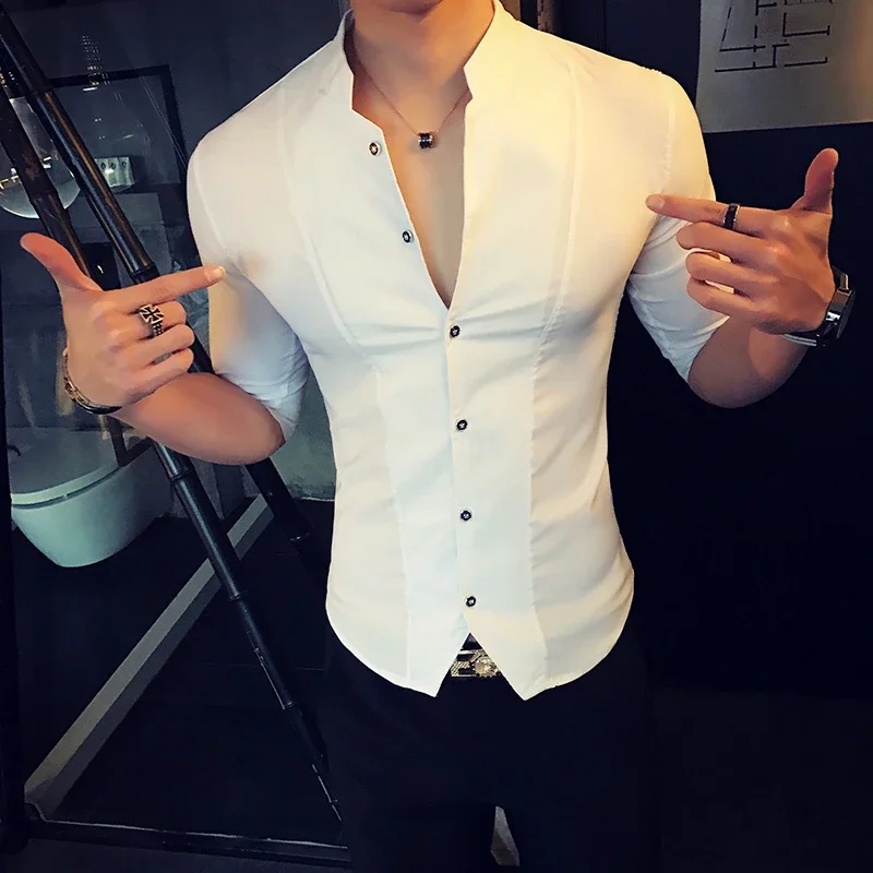 Summer Stand-up Collar Slim Fit Tide Male qi fen xiu Shirt Korean Men's Short-Sleeved Shirt Sleeve Young Hair Stylist White Shirt