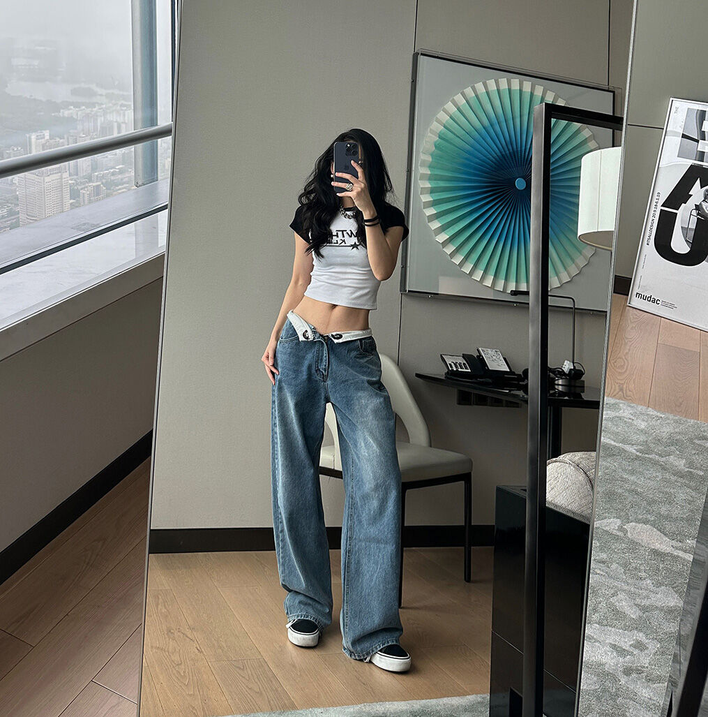 DQSTORE Jeanshose für Damen mit hoher Taille und weitem Bein, hellfarbiges Baumwollmaterial, Frühlings- und Sommersaison, ideal für Geburtstagsfeiern von 18-24