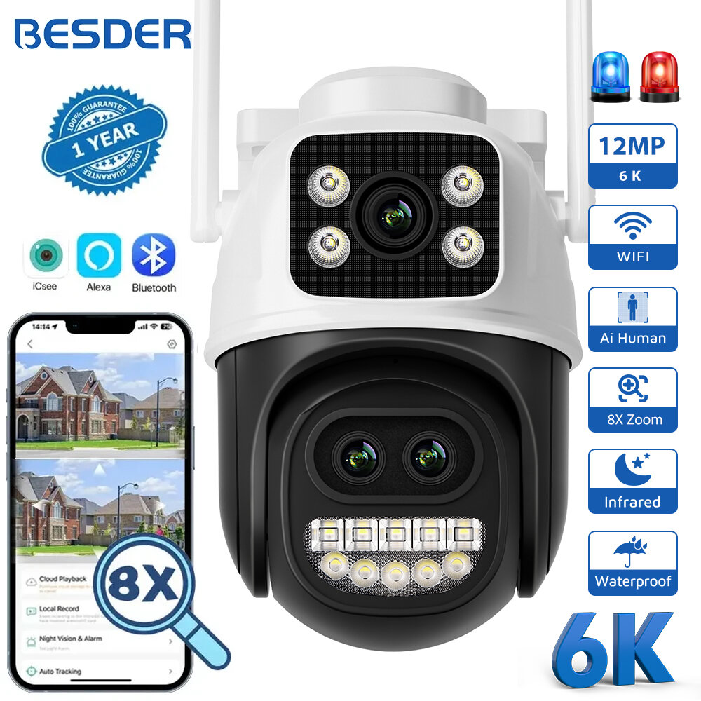 BESDER 12MP 6K PTZ Wifi Camera Dual Lens 8X Digital Zoom AI Human ...
