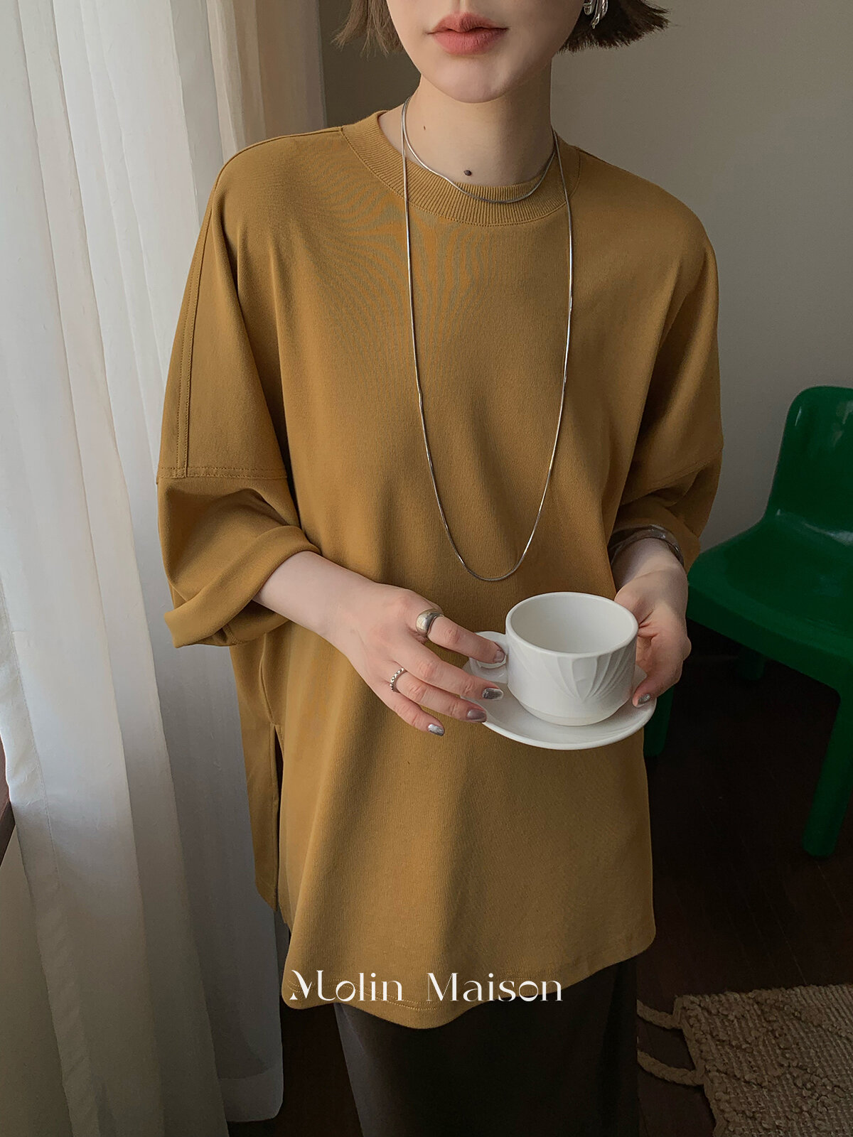 Molin ROW Batwing Sleeve T-Shirt Women's Loose Side Slit Oversize Summer Short Sleeve Cotton Polyester Blend round Neck Top