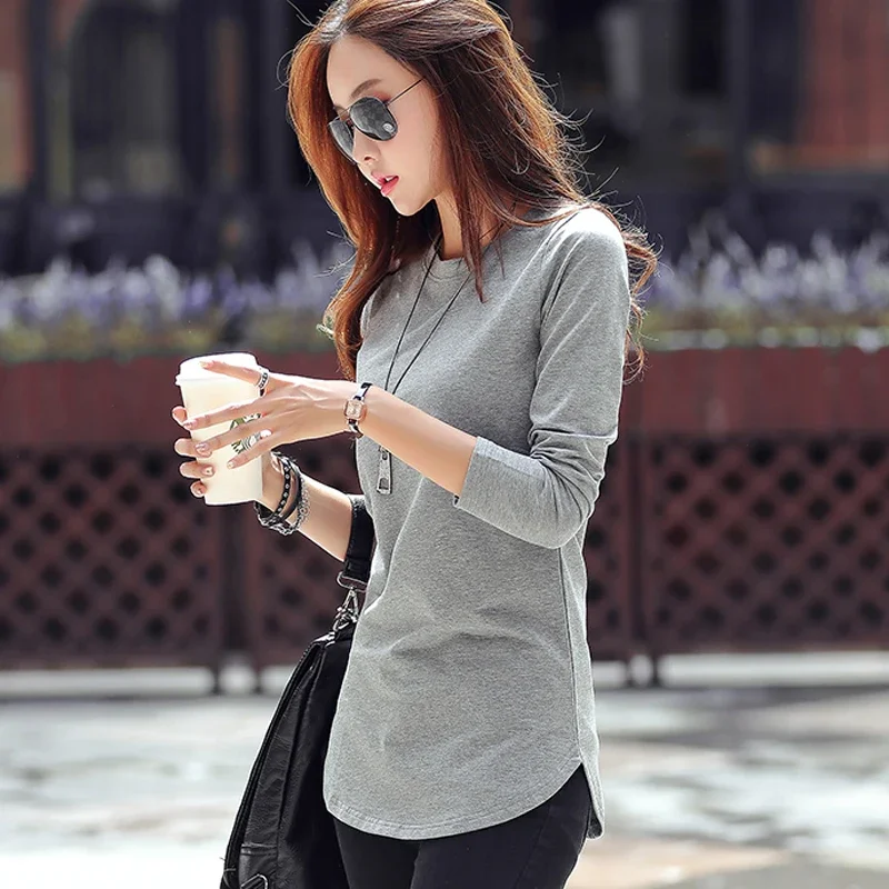 Long Sleeved T-shirt Female Autumn Cotton T-shirt Slim-Fitting Simple L Bottoming Shirt Ladies Blouse Outerwear Autumn Clothes