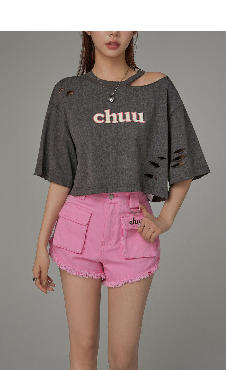 Chuu Letter Patch Embroidery Hole T-Shirt Women's Summer New Basic School Hollow out Shoulder Loose Top Asymmetrical Korean Style Cotton Polyester · v2