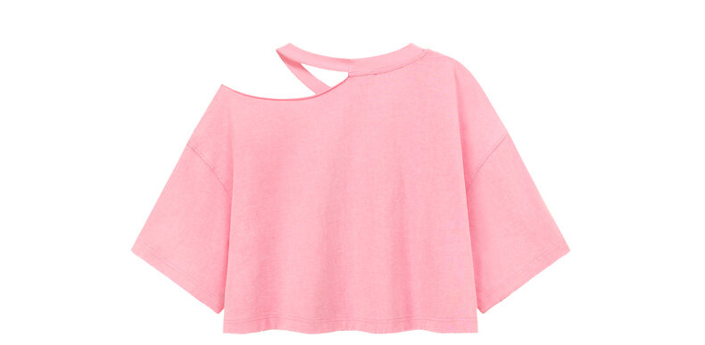 Chuu Letter Patch Embroidery Hole T-Shirt Women's Summer New Basic School Hollow out Shoulder Loose Top Asymmetrical Korean Style Cotton Polyester · v2