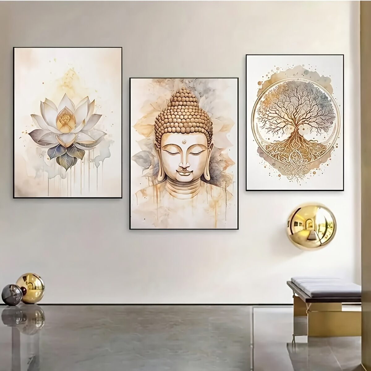 3 Pieces Modern Buddha and Lotus Wall Painting - Frameless Canvas Poster Prints for Living Room Interior Portrait Direction Sp